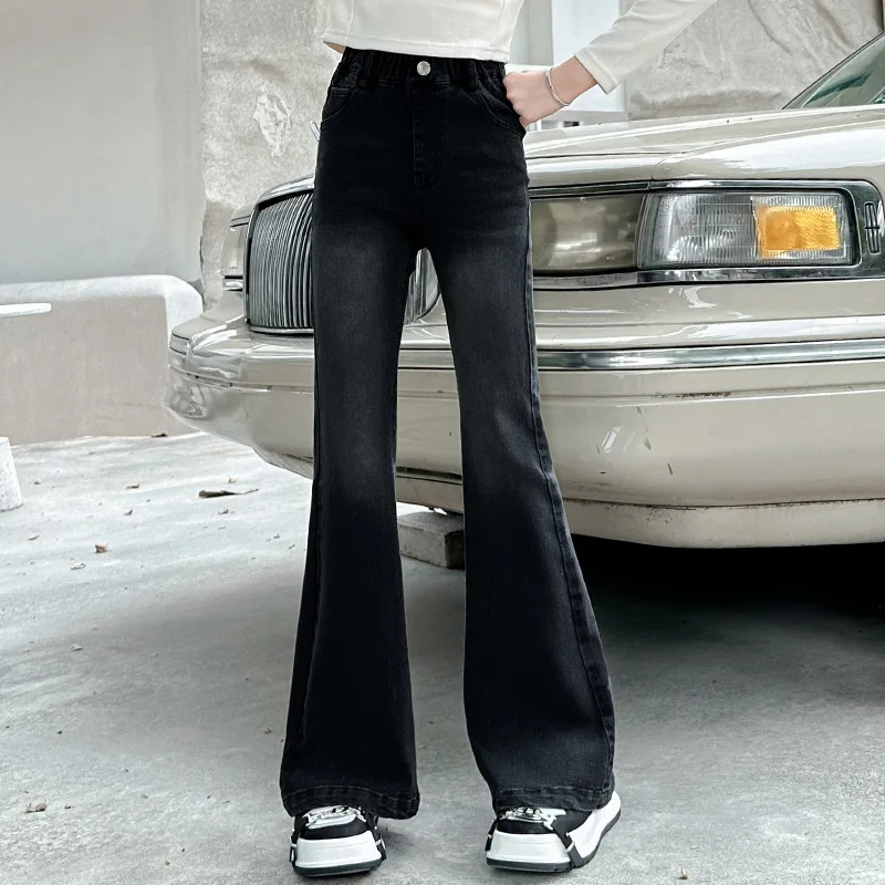 Baby Girl Pants Girls Bell-bottoms 2024 Fall New Style Elastic Micro Cropped Pants Medium and Large Fashionable Jeans and Pants