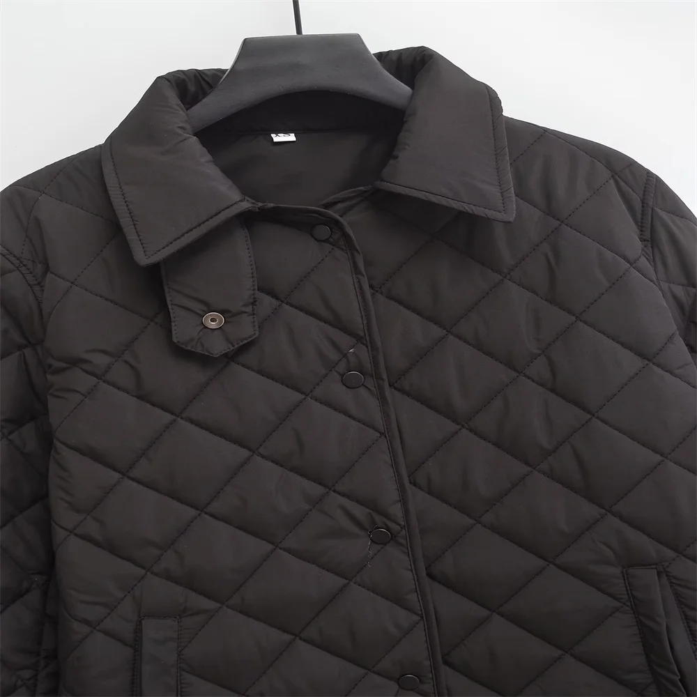 겨울 신상 여성용 루즈하고 심플한 따뜻한 버튼 다이아몬드 격자무늬 퀼팅 중간 길이 코튼 재킷