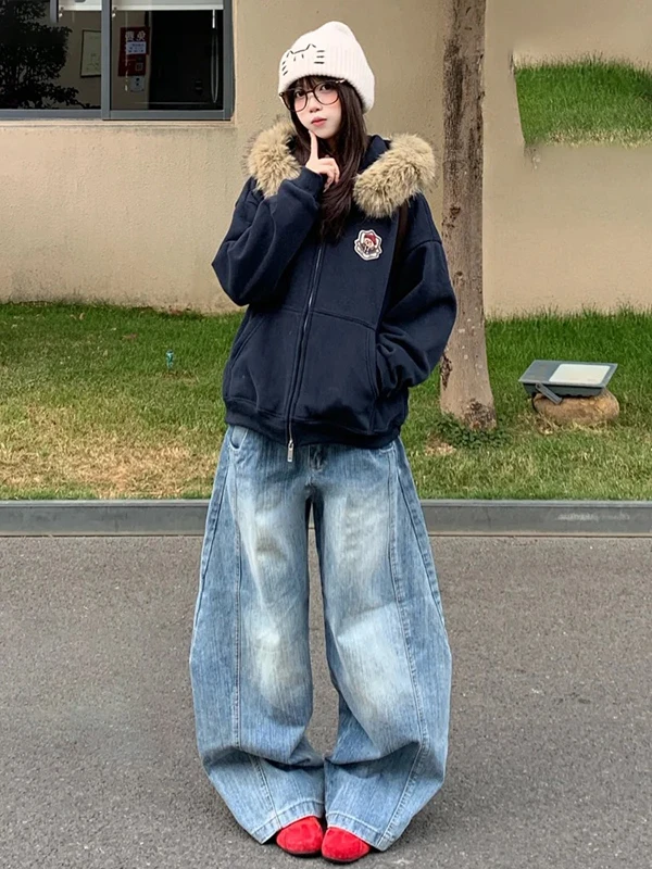 

Джинсы женские с низкой посадкой, широкие штанины, осенняя новинка, в американском ретро-стиле, с эффектом изогнутых швов, свободные прямые брюки-бананы/сабля