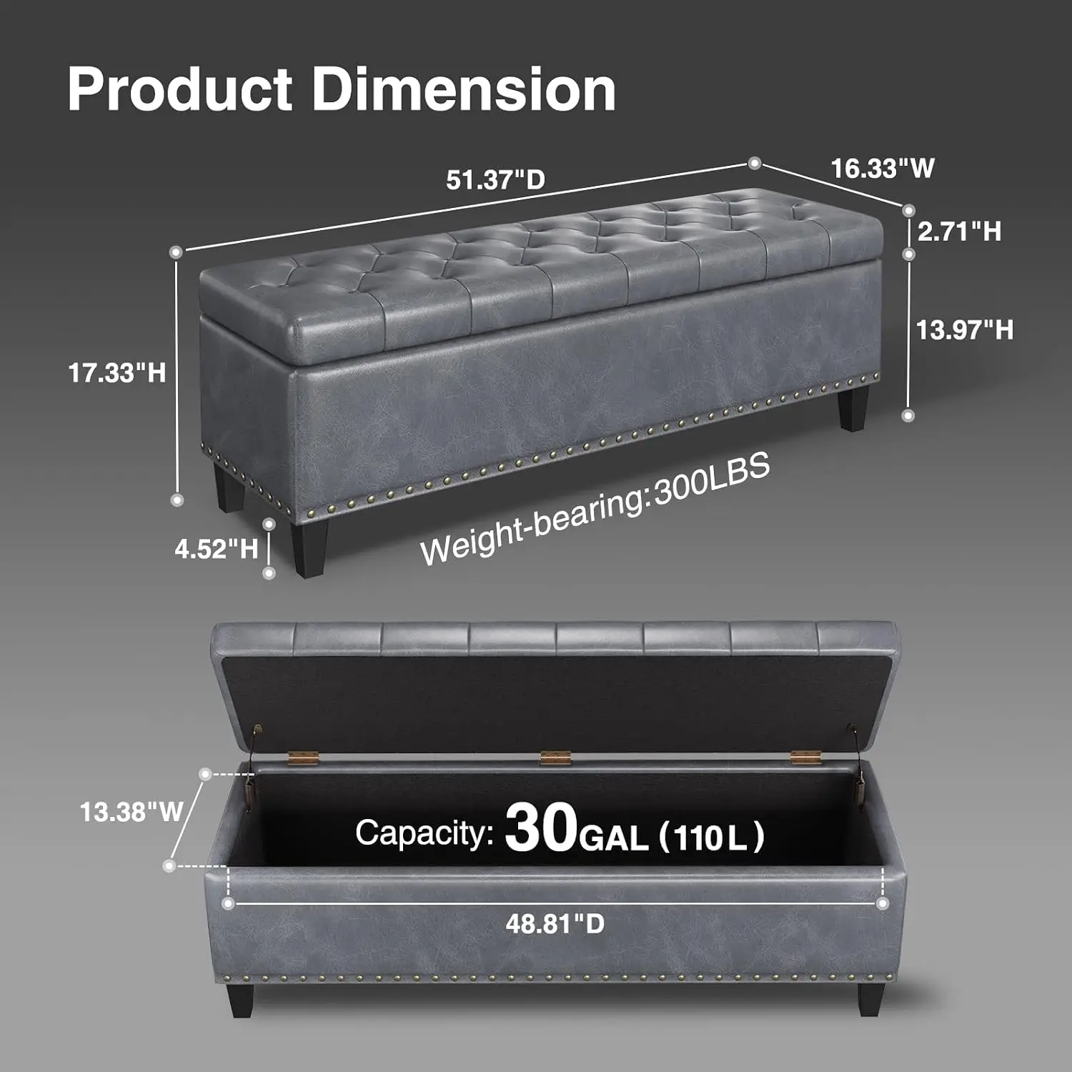 51 Inch Storage Ottoman Bench,Large End of Bed Storage Bench, Customized