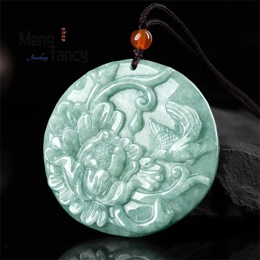 

Natural Jadeite Peony Flower Magpie Pendant Charms Fashion Jade Jewelry Amulet Mascots Luxury Men Women Souvenir Holiday Gifts