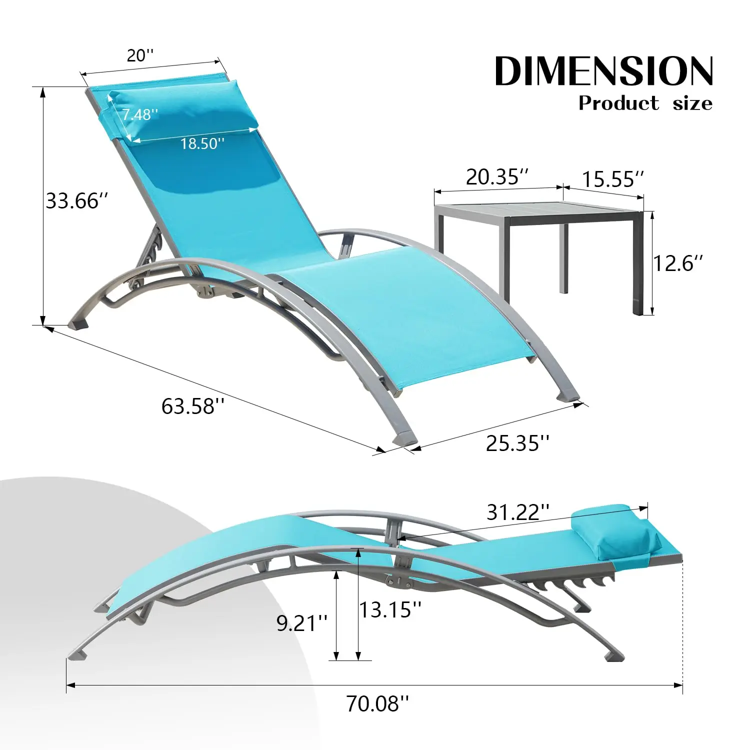 Adjustable Aluminum Outdoor Chaise Lounge Chair Set with Metal Side Table, All Weather Pool Deck Lawn Textilene, Customized