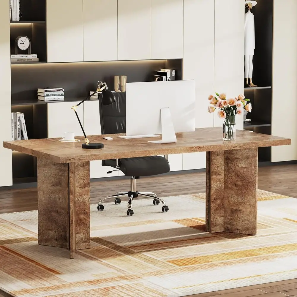 Large 63-inch Light Oak Brown Wood Desk, Ideal for Home Office, Computer Workstation, Conference Table, Study Area