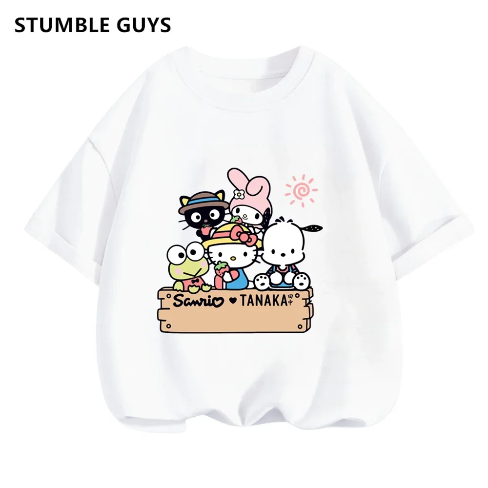 Cute Hello Kitty T-Shirt Set Kids Clothes Girls Summer Y2K Loose Short Sleeve Top Female Dark Print Sweet Harajuku Clothes