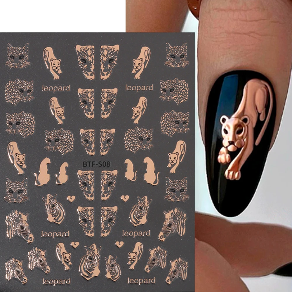 3D Leopard Nail Sticker Tiger Zebra Wild Animal Print Foils Gold Bronzing Sliders For Nails Summer Decors Manicure LEBBTF-S08