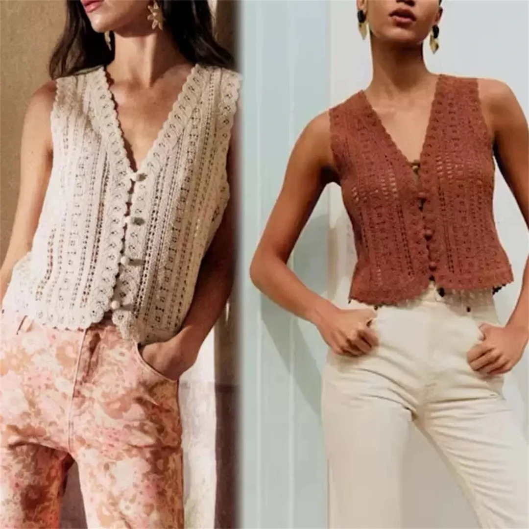 

Paris Seza Knitted Hollow out Sleeveless Vest Casual Style Pure Cotton V-Neck Loose Fit Single Button Closure Spring 2026
