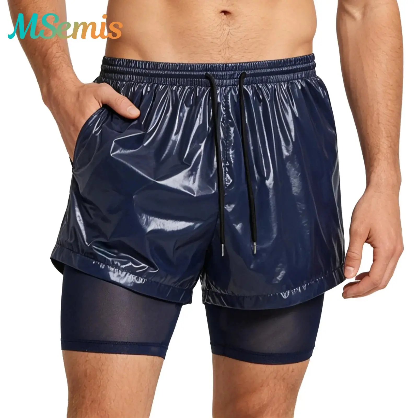 

Swimsuit Mens Quick Dry 2-in-1 Swim Shorts with Inner Liner Double Layer Swimwear Compression Swimming Trunk with Pockets