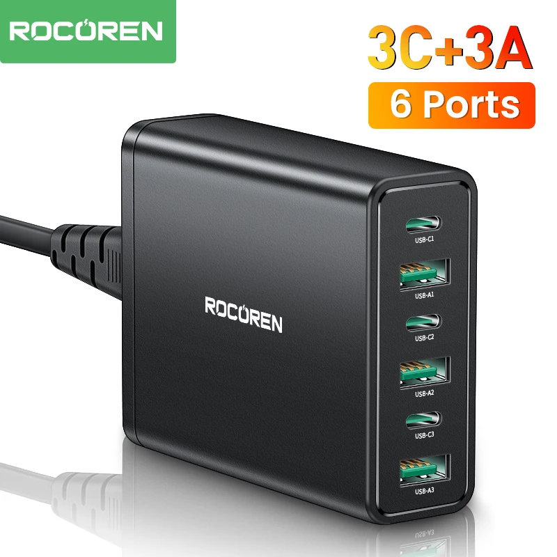 

Rocoren Multiple 6 Ports GaN 60W Charger USB Type C PD Fast Charging Desktop Power Station For iPhone 15 Pro Max Samsung Xiaomi