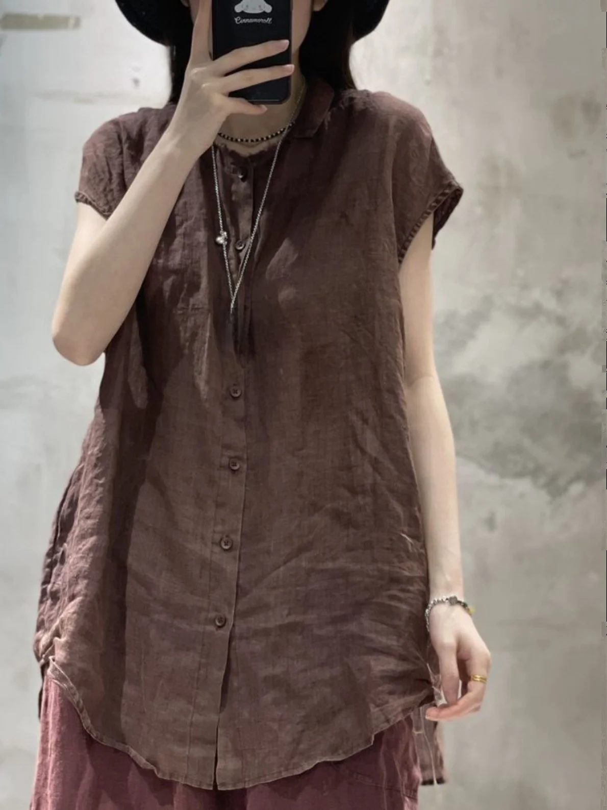 

Casual Linen Cotton Blend irt Women's Mid-Length ort-Sve Loose Fit Summer 2024 Color Zen-Inspired Oversize Top