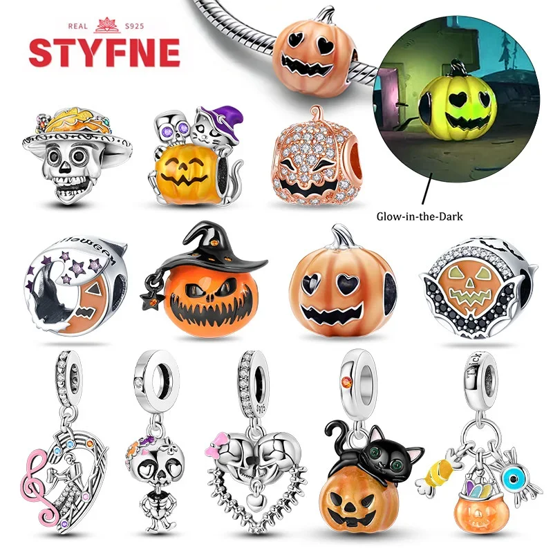 925 Sterling Silver Halloween Pumpkin Human Skeleton Pendant Charms Beads For Original Bracelet for Women DIY jewelry Gifts