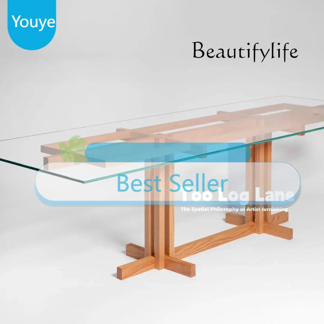 

Nn Modern Minimalist Designer Solid Wood Tempered Glass Desk Studio Transparent Rectangular Dining Table
