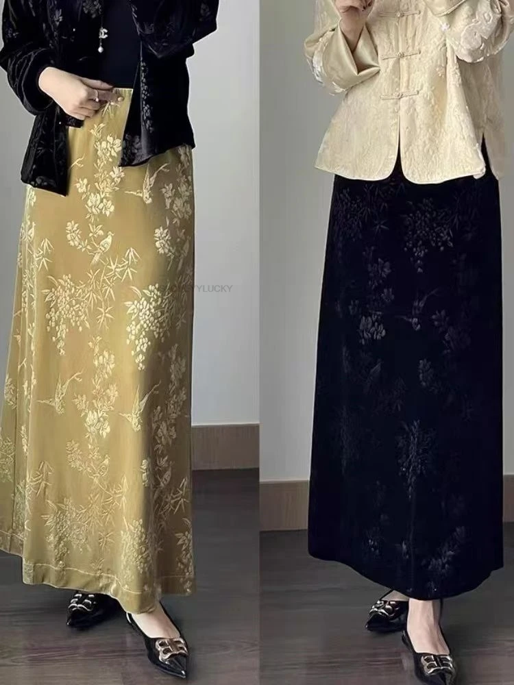 Retro New Chinese Style Velvet Skirt  Women  New Arrivals Autumn/Winter Jacquard Pattern Slimming Mid Traditional Chinese Skirt