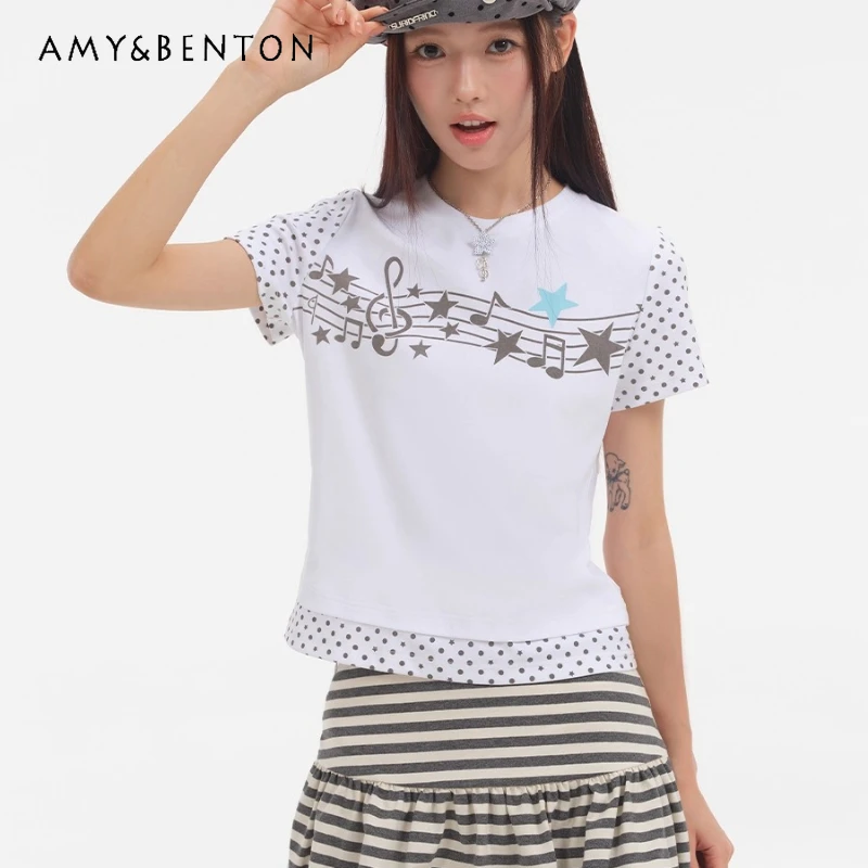 التصميم الياباني الأبيض Y2K الموسيقى ملاحظة ستار خارج الكتف قصيرة الأكمام المرأة تي شيرت جديد التخسيس تنوعا تي شيرت قصير السيدات #1