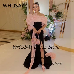 WHOSAY Black Side Slit Long Sweep Vestidos Des Prom Dresses Big Flower Off Shoulder Evening Party Dress Contrast Color