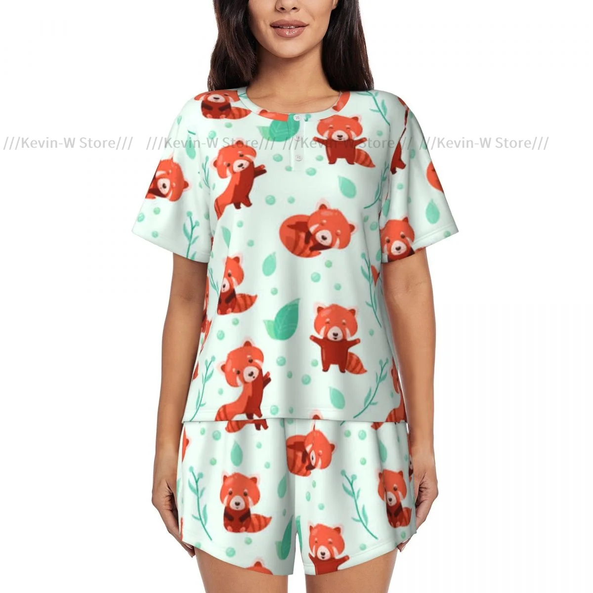 Women Pajamas Homewear Set Cute Red Pandas Cartoon Short-Sleeved Two-Piece Set Girl Nightwear Loungewear Sleepwear