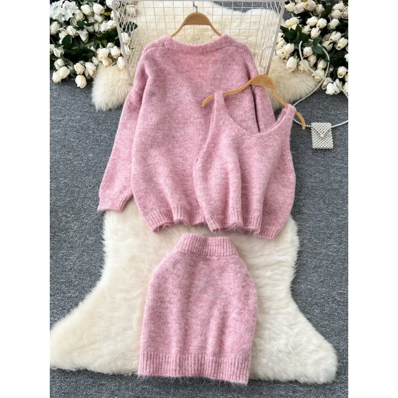 Korean Warm Skirts Sets Women Sweet Inner Camisole Long Sleeve Knitted Shawl Jacket Sweater Skirt Autumn Women Two-piece Suit