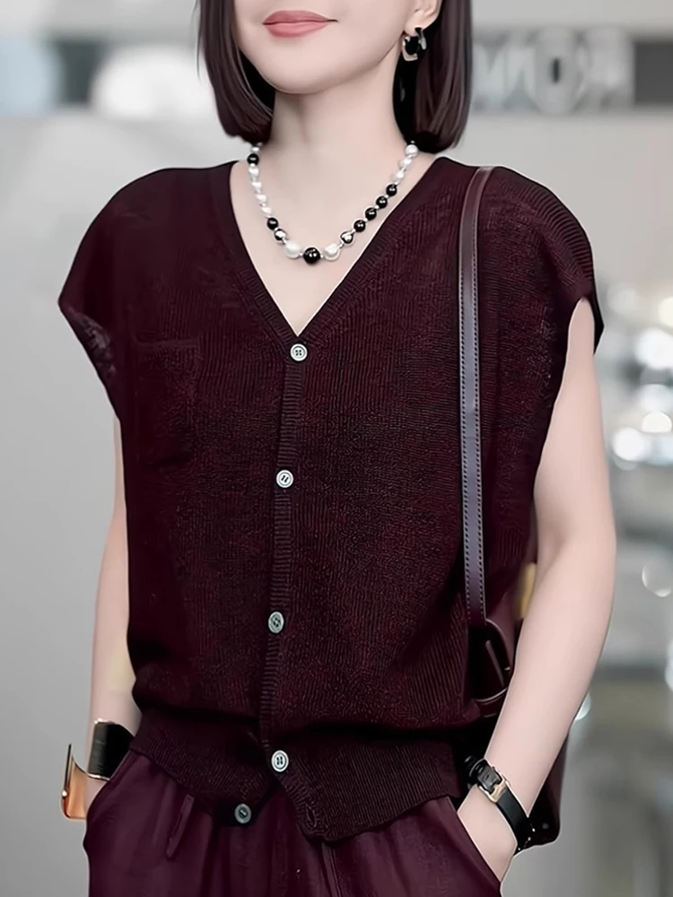 

Faionable Retro ort Sve Knitted Sun Protection Casual Slimming Single Button Knitwear V-Ne Summer 2025 Women's Top