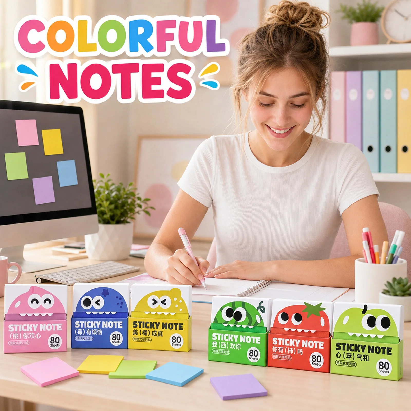 Cartoon Pull Type Sticky Notes Box 80 Sheets Self‑Adhesive Memo Note Pad Cute Reminder Note for Student Office Home Stationery