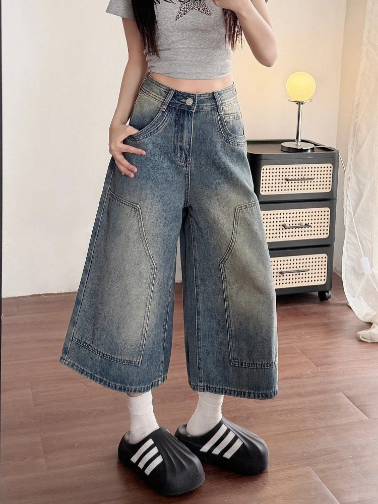 Summer Women Vintage Wash Denim Capris Y2K High Waist Wide Leg Cropped Jeans Streetwear Loose Casual Versatile Seven Point Pants