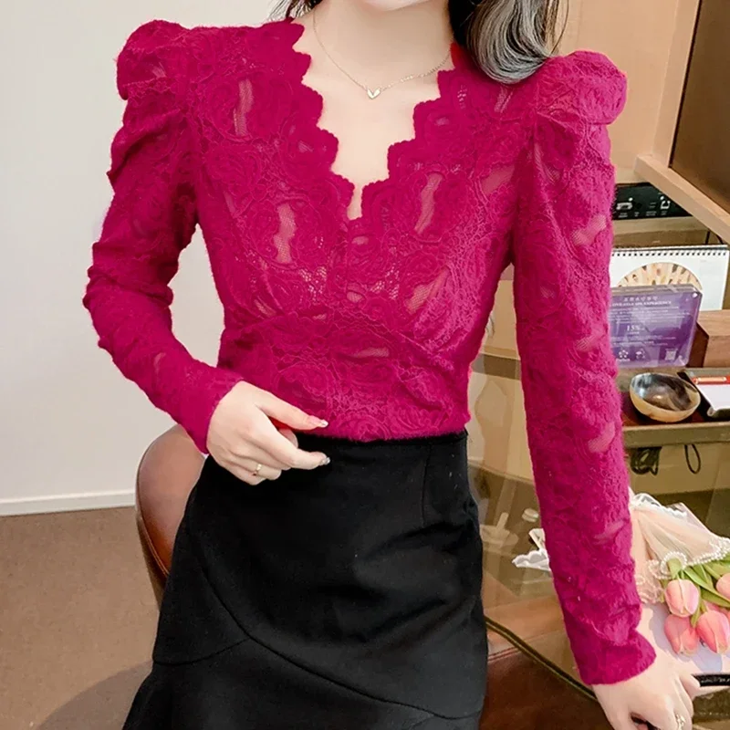 Elegant Sexy Rose Red Lace Shirt Blouse Beautiful Bubble Sleeve Brushed Basic Top Women Autumn Blusas Black White