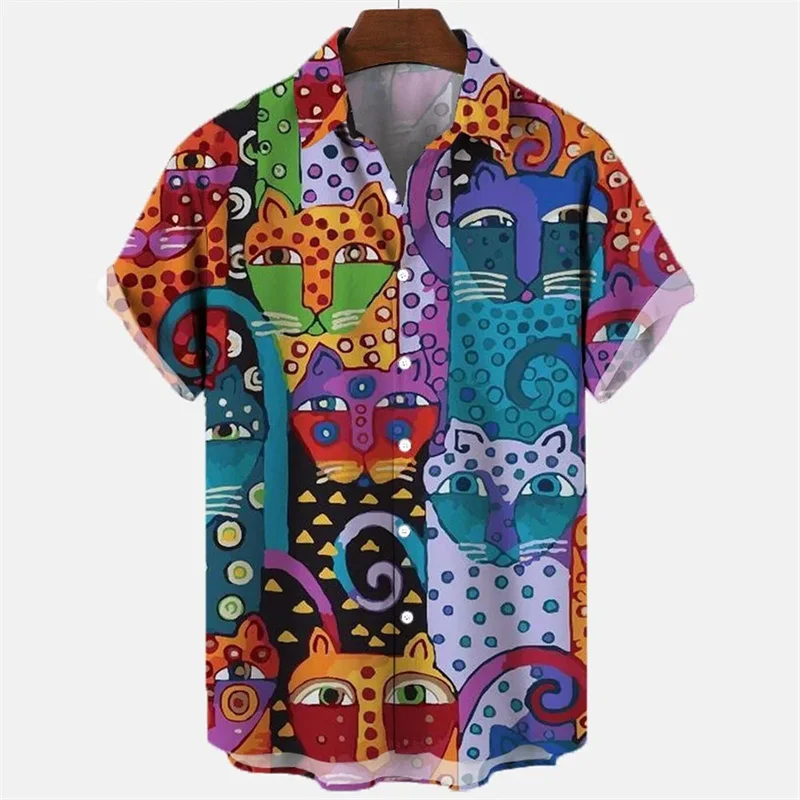 Men\'s Oversized Cat Pattern Masculine Summer Hawaiian Shirt Social Floral Camisole Cartoon Men\'s Graffiti Clothing New Style