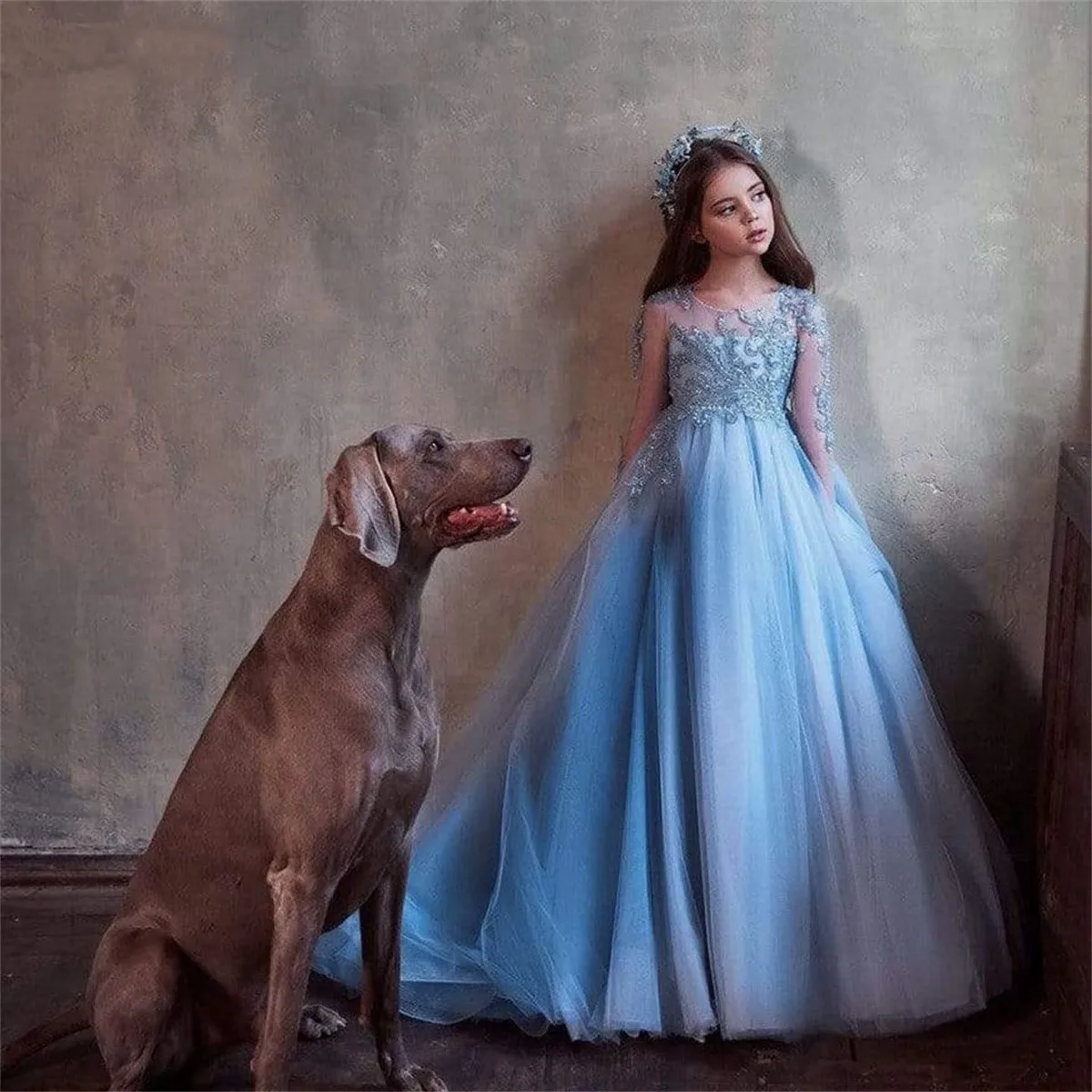 Long Sleeves  Flower Girl Dresses Elegant Blue For Wedding Princess  Tulle Appliques Pageant First Communion Customize  Gowns