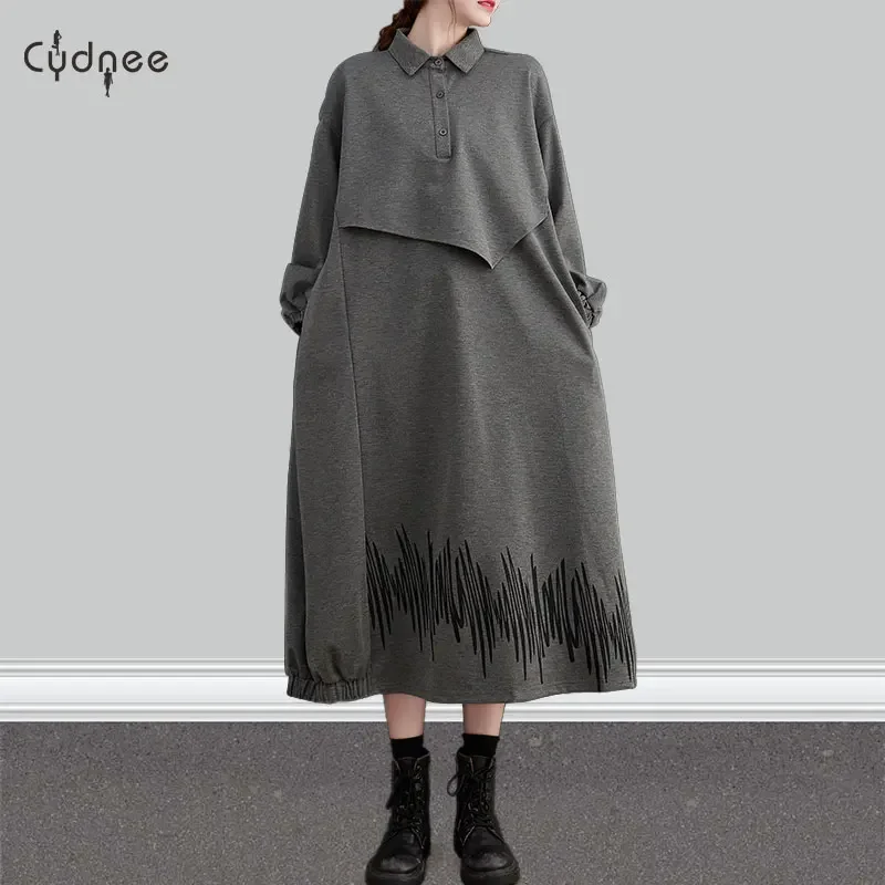 Women's One-Piece Parka Tunic Plus Size Nude Long Sleeve Half Placket Long Dress Loose Silhouette Stylish Midi Dresses