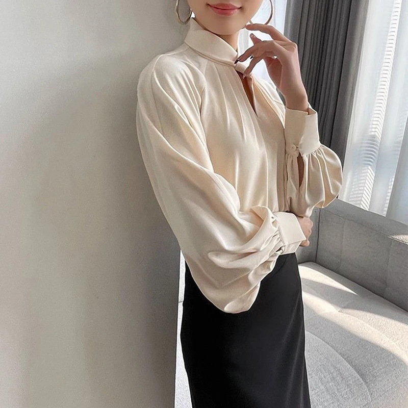 Women\'s Korean Fashion Hollow Ruffled Elegant Blouse Office Lady Stand Collar Business Casual Shirt Long Sleeve Solid Loose Tops