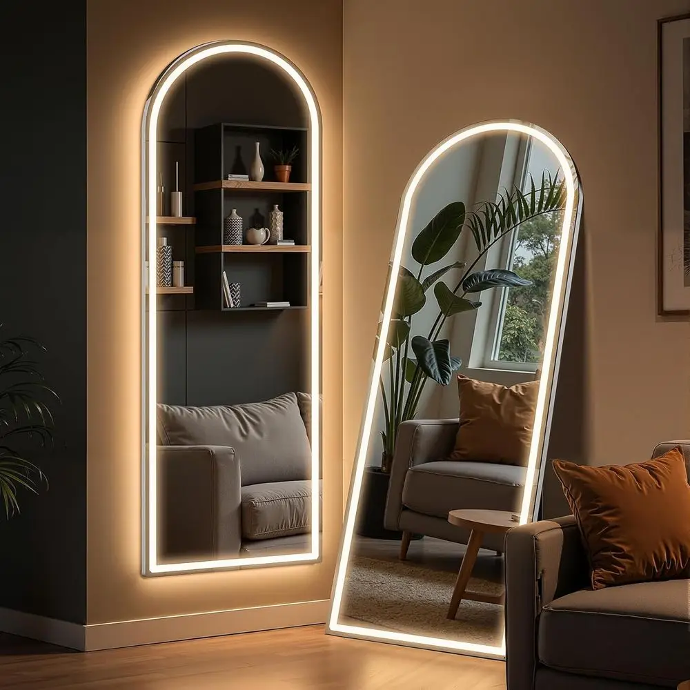 

60x16 Arched LED Floor Mirror with Dimming and 3-Color Lighting for Bedroom, Dining Room, and Cloakroom