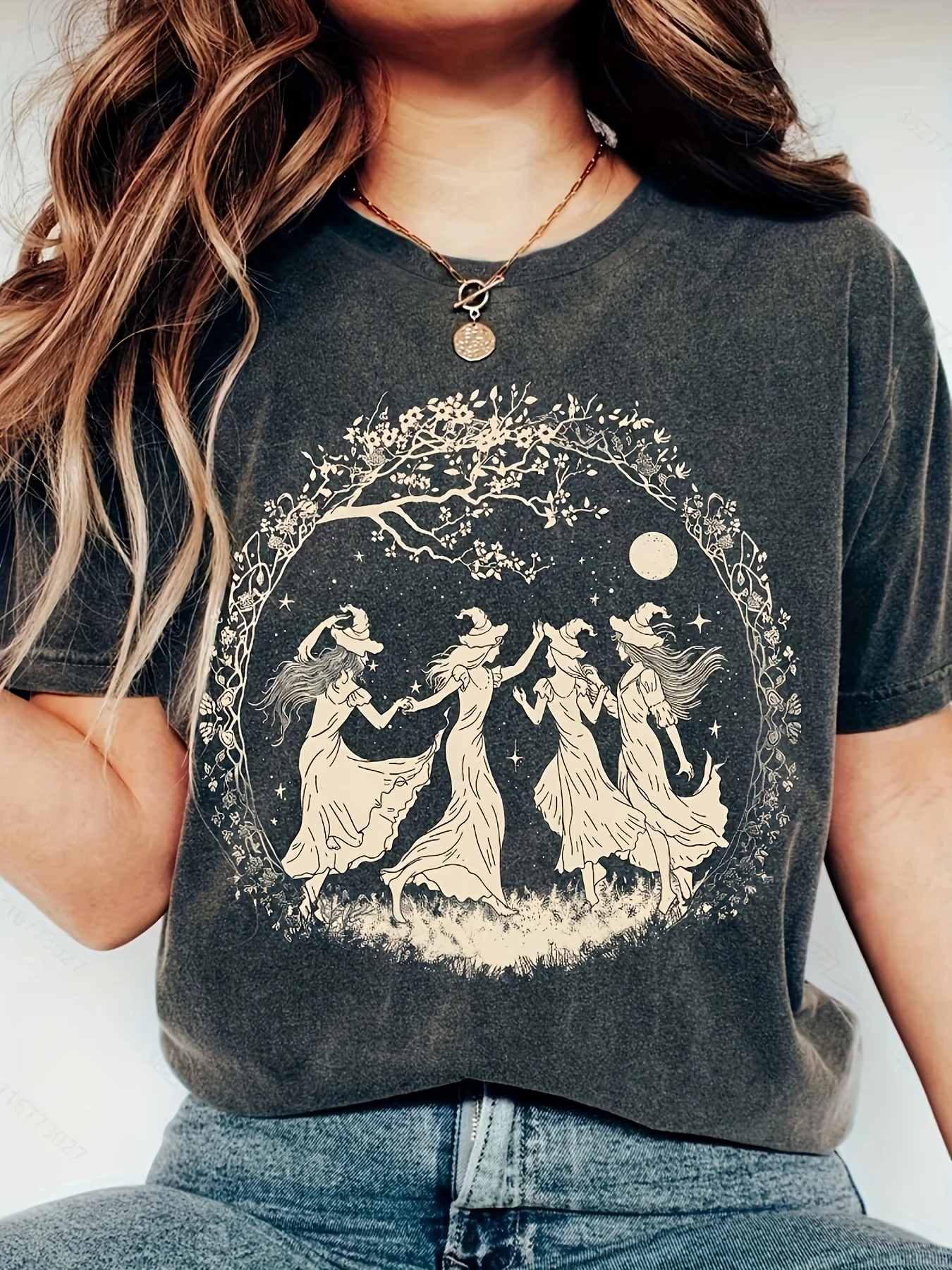 Camiseta para mujer Dancing Witches Moonlit - Estampado de brujas, top informal estilo bohemio