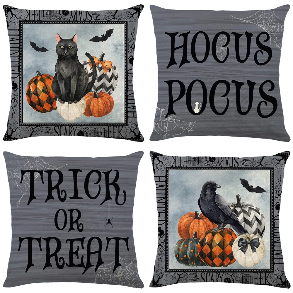 

Halloween Crow Pumpkin Black Cat Gray Pillowcases 18x18 Inches Linen Pillow Cover Home Seat Sofa Chair Car Decor Cushion Cover