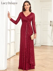Lucyinlove Luxus Langarm V-Ausschnitt Abendkleider Hochzeits feier Pailletten für Frauen für Gäste Abschluss ball Cocktail Kleid Kleider