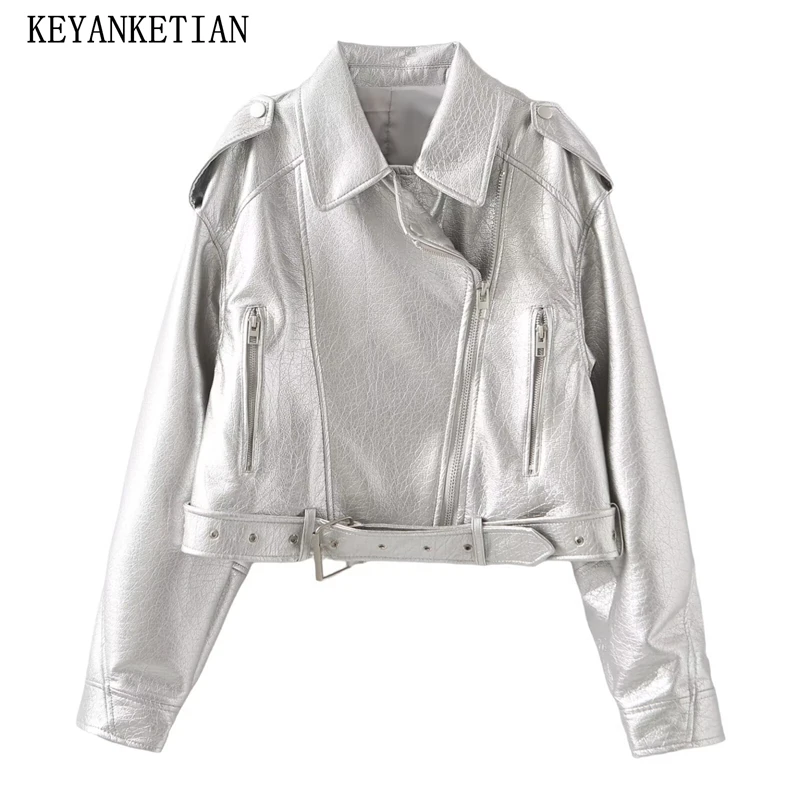 

KEYANKETIAN 2025 Autumn New Women's With Belt Decoration Artificial leather Jacket Street style Asymmetrical Zipper Blazer Top