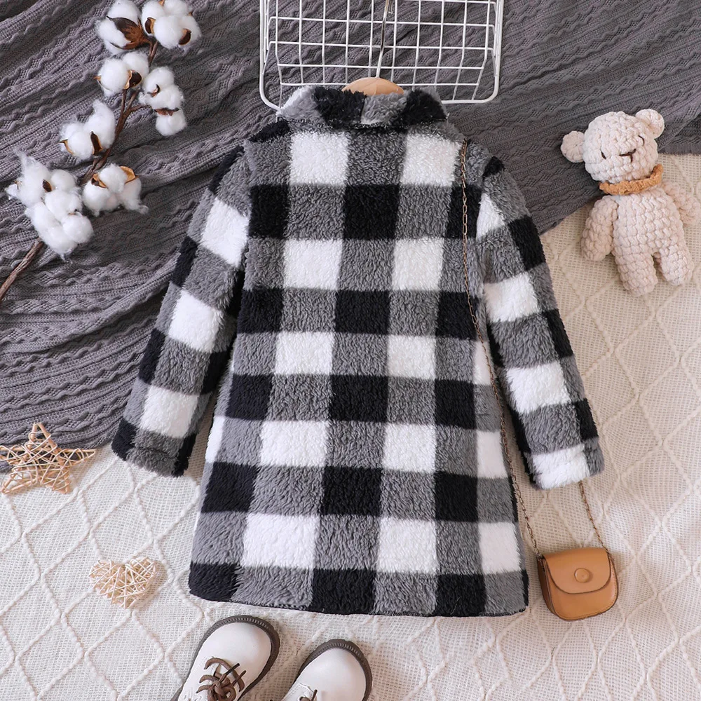 Kids Casual Coat for Girls Clothes Autumn Winter 2024 New Child Long Sleeve Plaid Fur Thicken Long Outwear Knitwear not Include