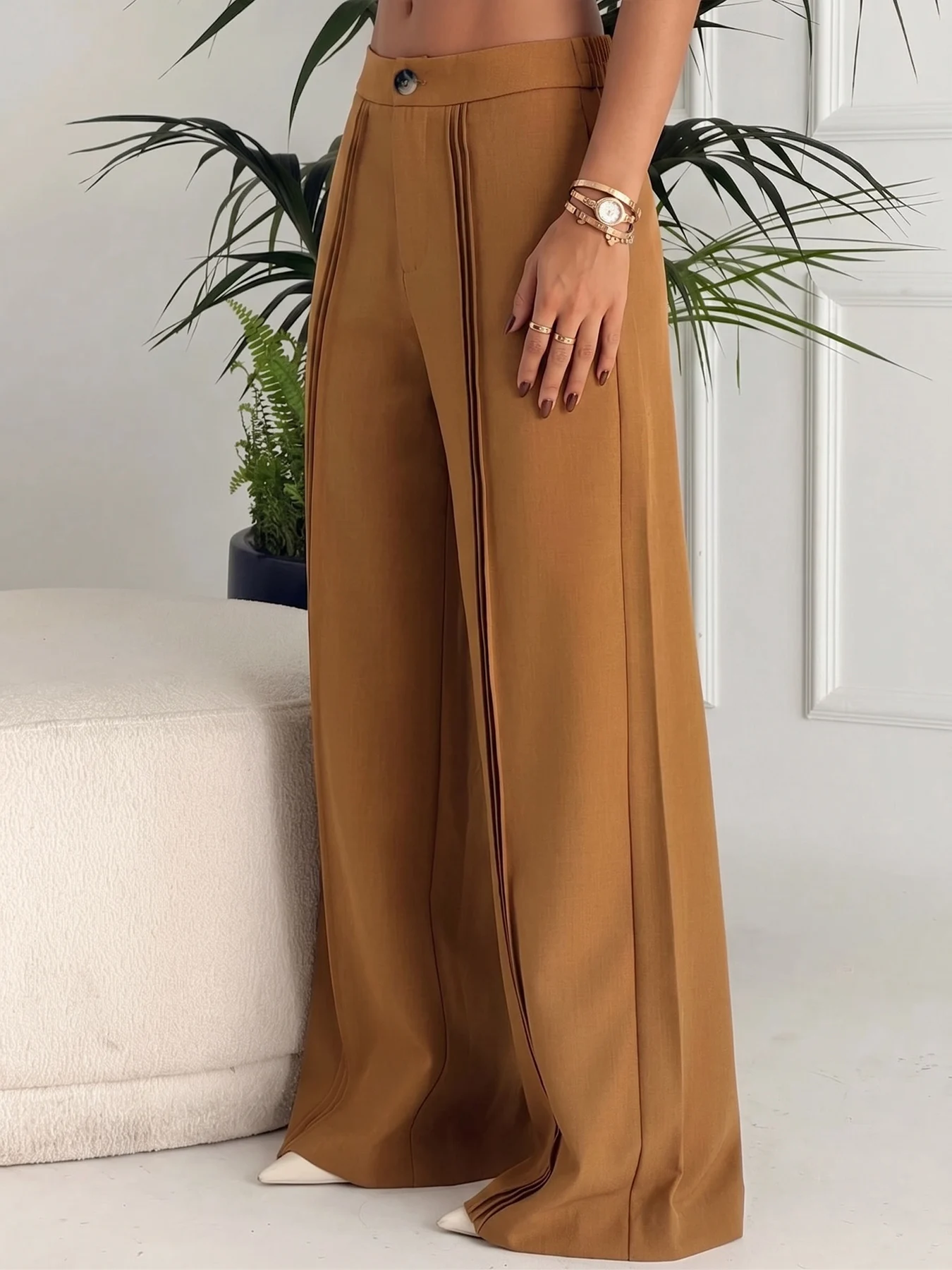 Women Wide Leg Trousers High Waist Front Pleated Suit Pants Elastic Waist Loose Draped Long Pants Office Business Casual Bottoms