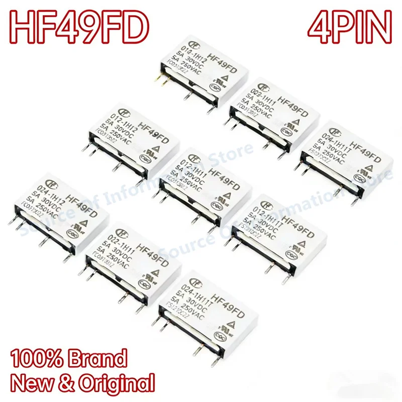 

10Pcs Power Relay HF49FD-005-012-024-1H11/1H12/1H11T/1H12T 5V 12V 24VDC 4Pin 5A 100% New