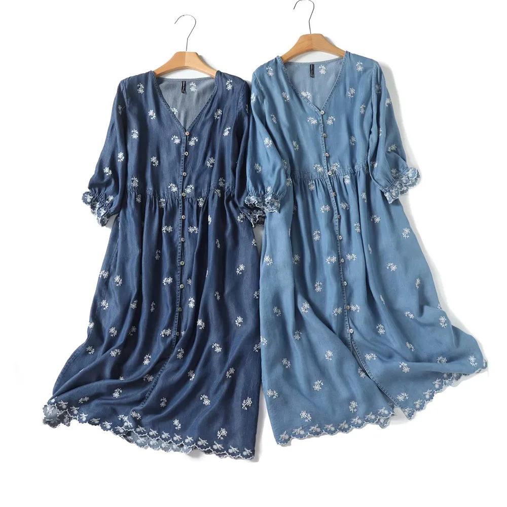 2024 Autumn Fashion New Women's V-neck Embroidered Single breasted Casual Elegant Loose Short Sleeve Design Dress