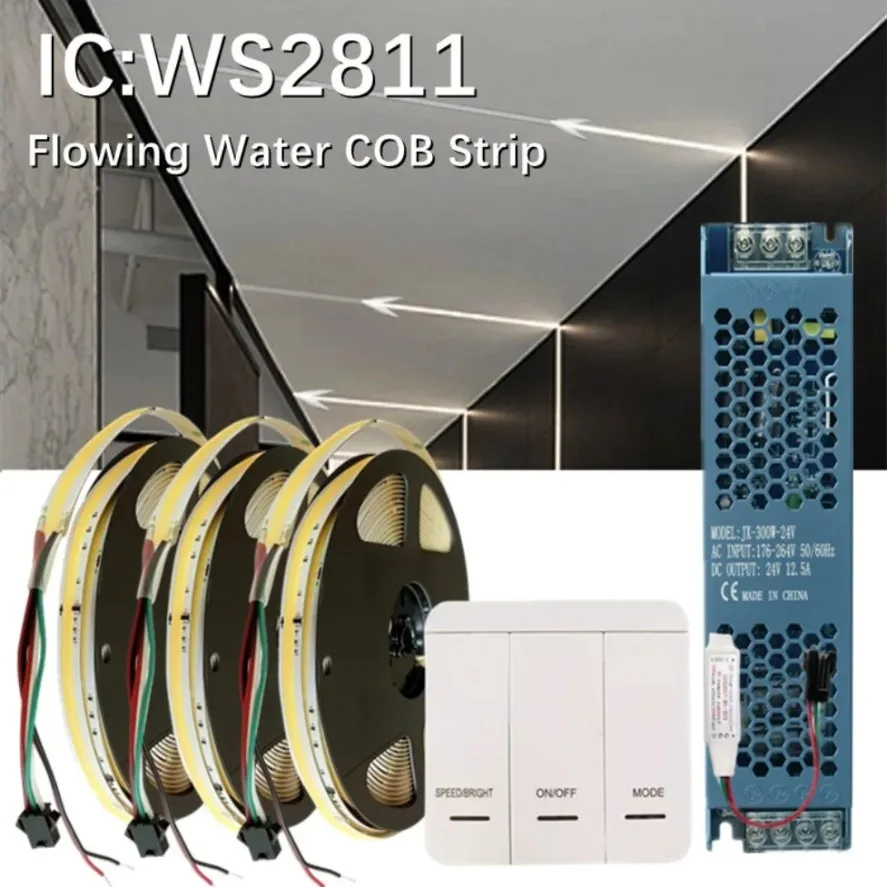 5m-20m WS2811 IC COB LED Strip DC24V 360LEDs/m Addressable Running Water Flowing Light with Wireless Controller Power Supply Kit