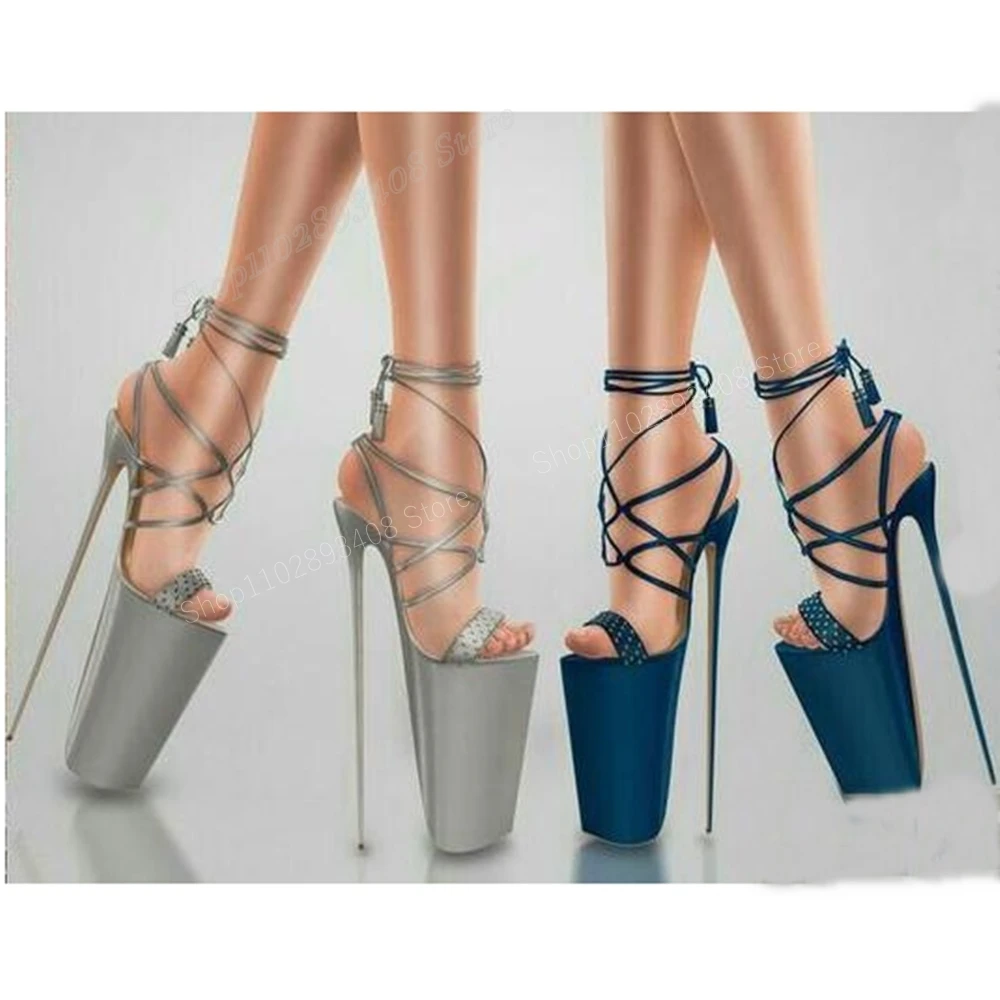 Blue Hollow Strappy Peep Toe Sandals Super 30cm Stiletto High Heel Fashion Sexy Women Shoes 2024 Summer Zapatos Para Mujere