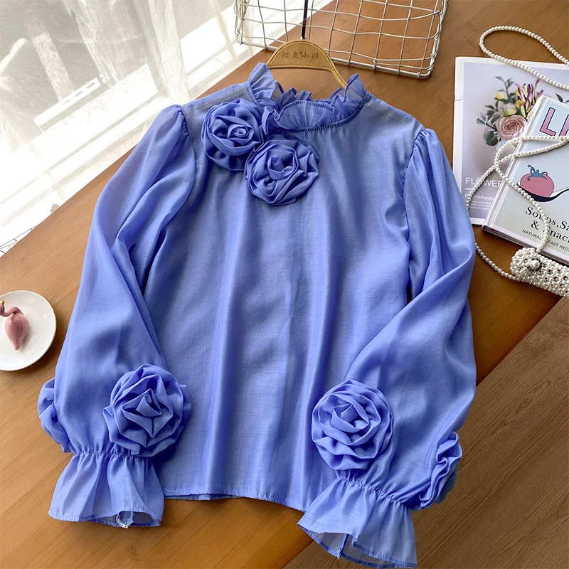 2024 Ruffles Flower Loose Women Shirt Elegant O Neck Long Sleeve Transparent Thin Ladies Mesh Casual Fashion Chic Blouse