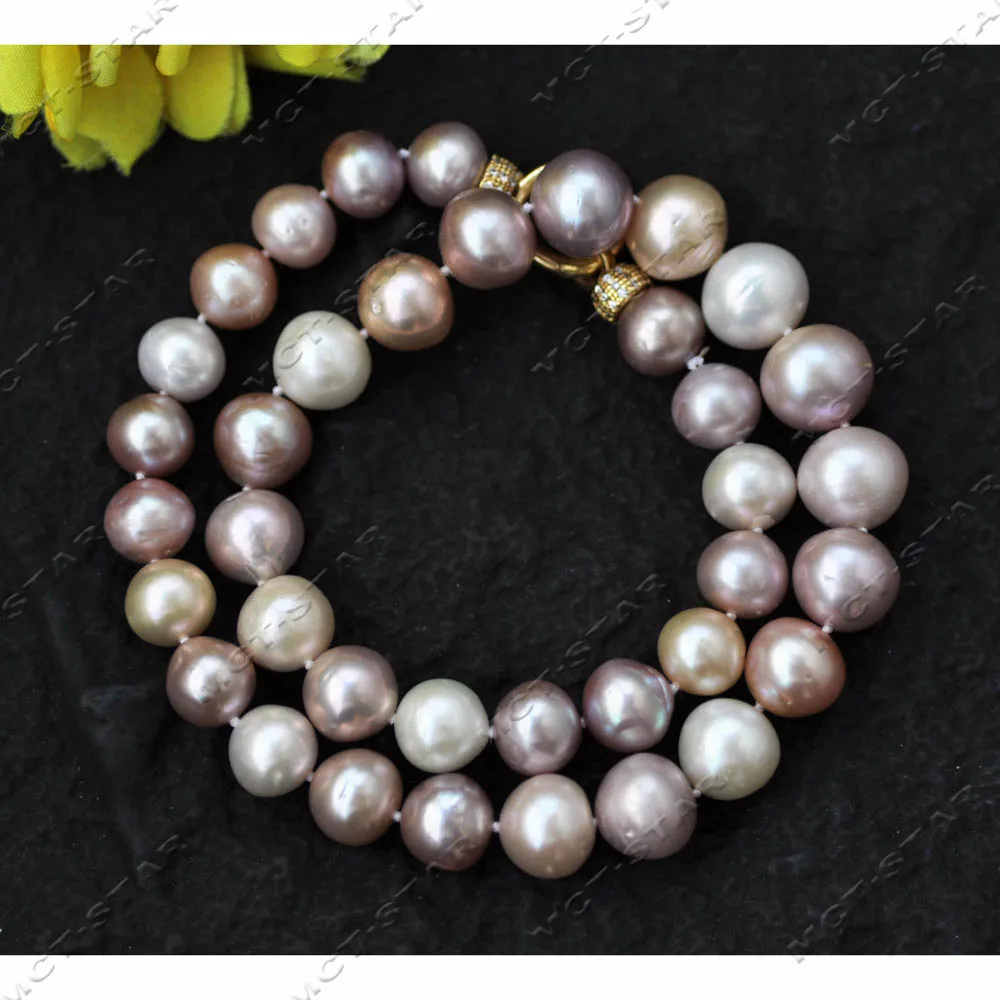 

Z14076 14mm White Pink Lavender Round Keshi Edison Pearl Necklace CZ 17inch