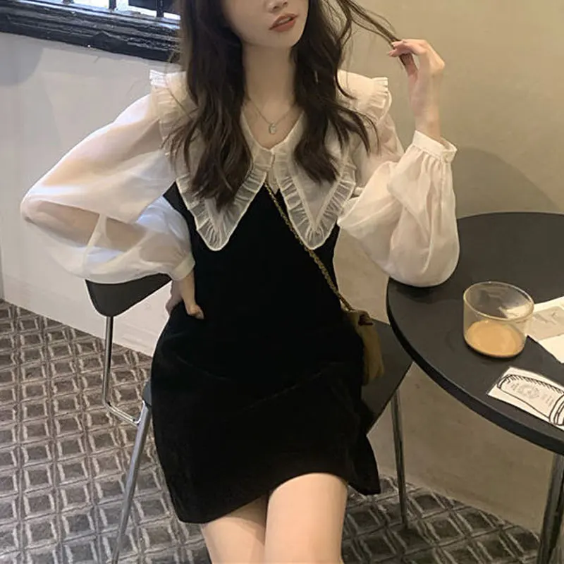 Fake Two Pieces Doll Collar Mini Dress Spring Autumn Patchwork Long Sleeve Women\'s Clothing Korean A-Line Waist Basic Dresses