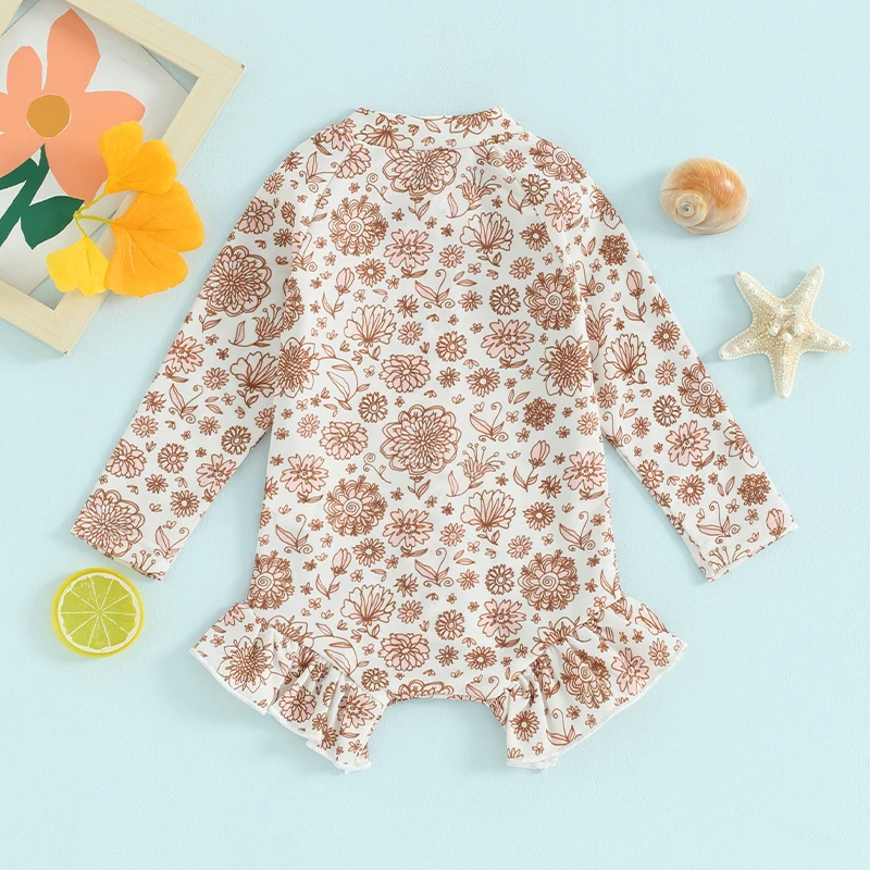 

Baby Girl Swimsuit Rash Guard Floral Print Ruffles Zipper Bathing Suit Long Sleeve Summer Beach Swimwear