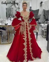 Red Arabic kosovo Evening Dresses Flare Sleeves Applique Crystal Sequined Gold Lace Dubai Kaftan Prom Formal Gowns Customized