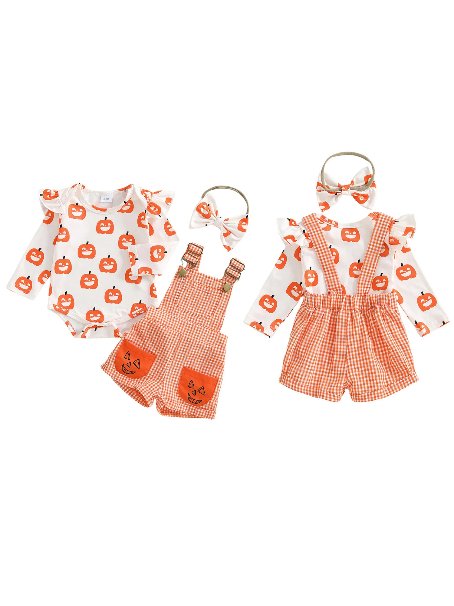 

Toddler Halloween Costume Set with Pumpkin Print Romper Bow Headband and Ruffle Bell Bottom Pants for Adorable Fall Outfit