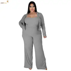 Haoohu conjuntos de roupas femininas plus size 3 peças terno urbano camisola tubo superior perna larga calças afundado listra esportes lazer terno