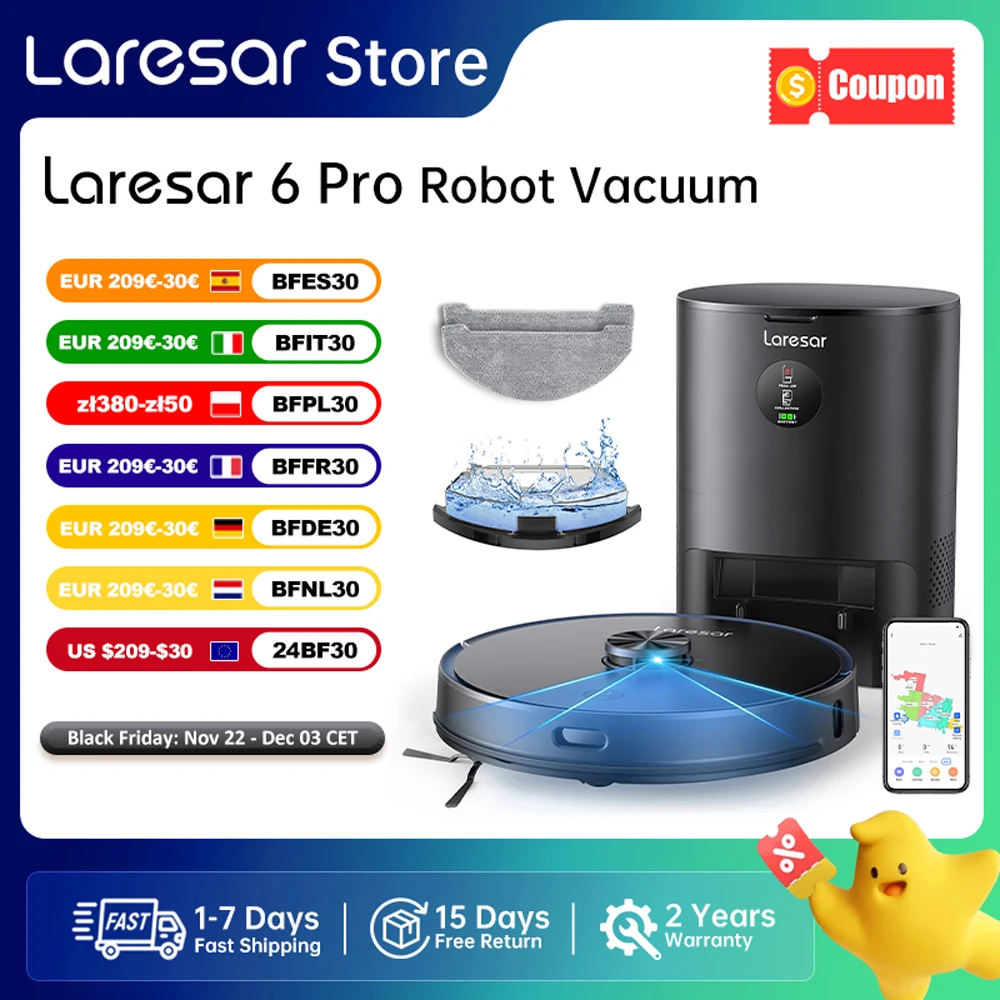 Laresar 6 Pro Robot Vacuum Cleaner Mop Auto Empty Station LDS Navigation 5000Pa Suction Smart Planned Map APP Control for Home