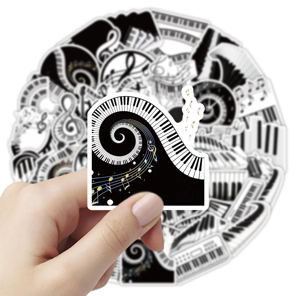 50PCS Music Element Stickers Black and White Piano Keys DIY Waterproof Luggage Notebook Stickers Cup Fridge Classic Kid Toys