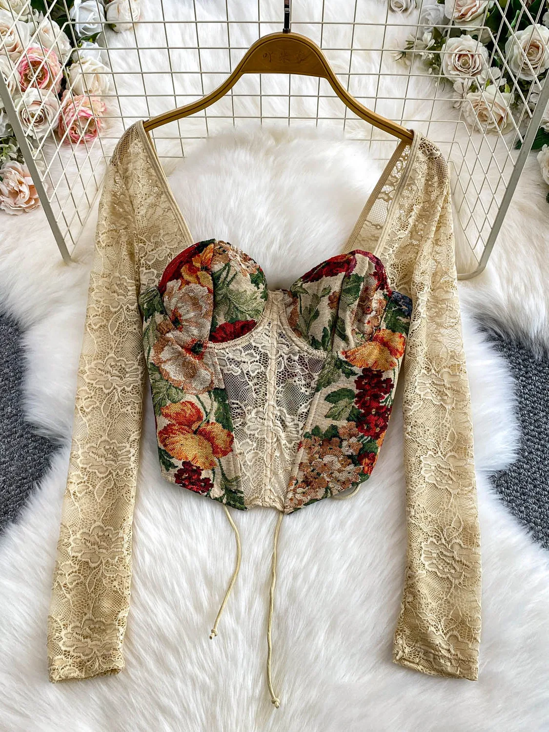 Foamlina Top bustier con stampa floreale vintage da donna sexy trasparente in rete a maniche lunghe a lisca di pesce skinny con lacci corto costume da festa