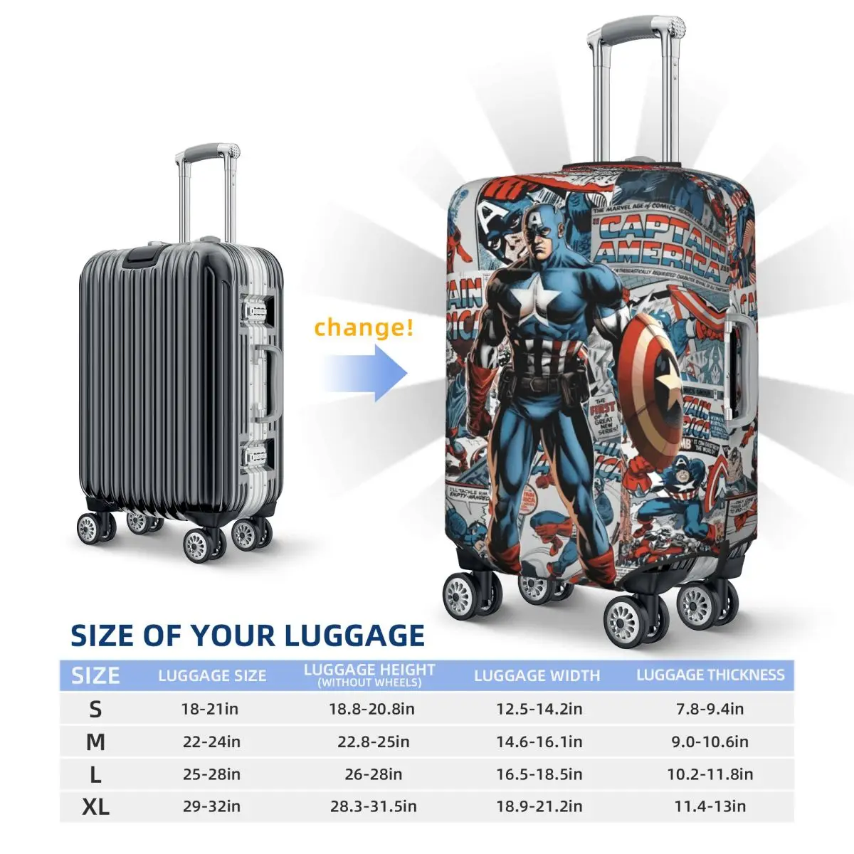 Custom Classical Captain America Luggage Cover Protector Funny Comics Design Travel Suitcase Covers for 18-32 Inch